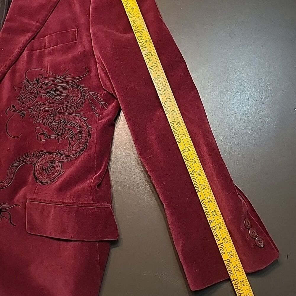 VTG 90s Y2K DRAGONFLY Maroon Velvet Blazer Jacket Mens 3XL Dragon Embroidered - Picture 6 of 11